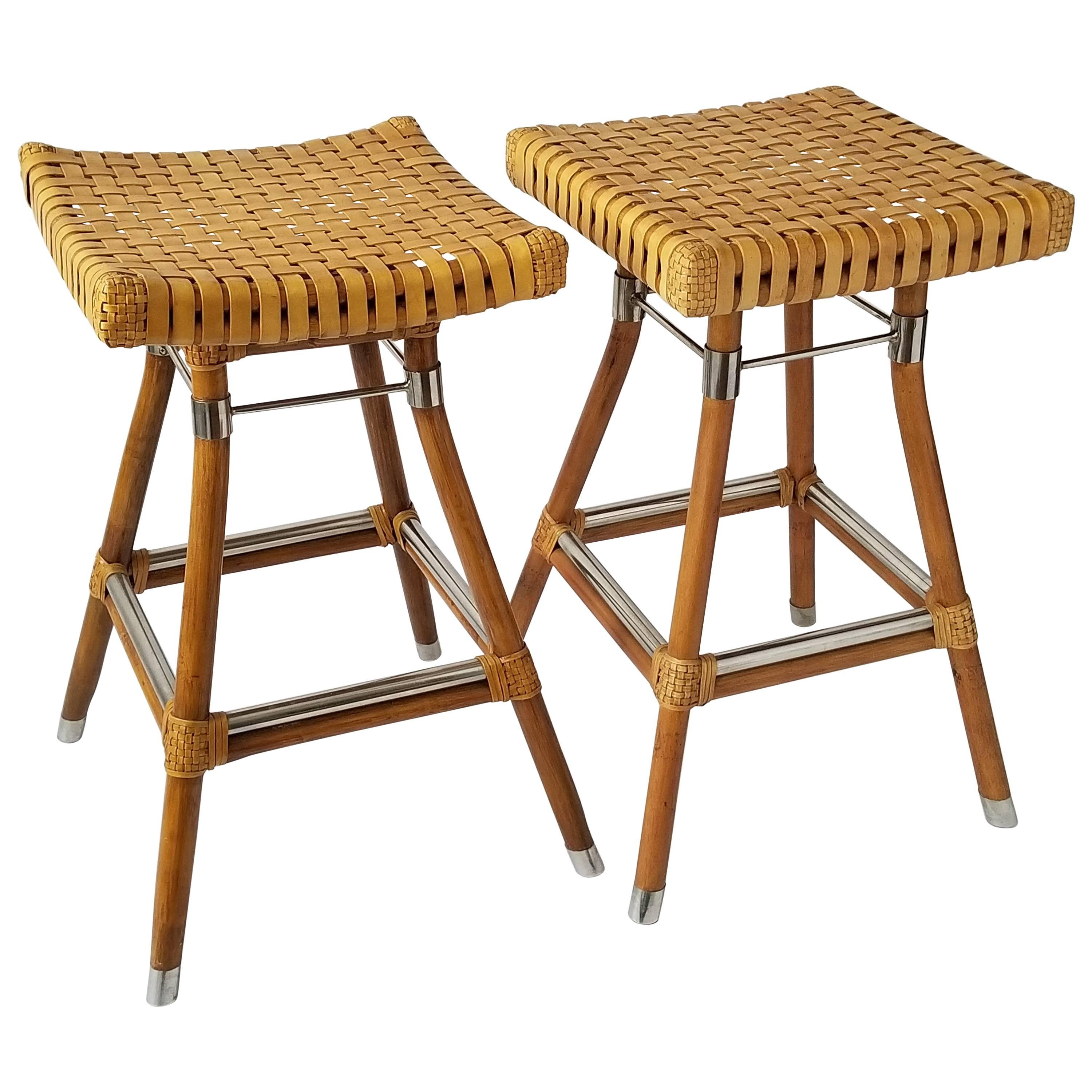 Exceptional Pair of McGuire Bamboo Bar Stool with Rawhide Seating, 1980s, USA