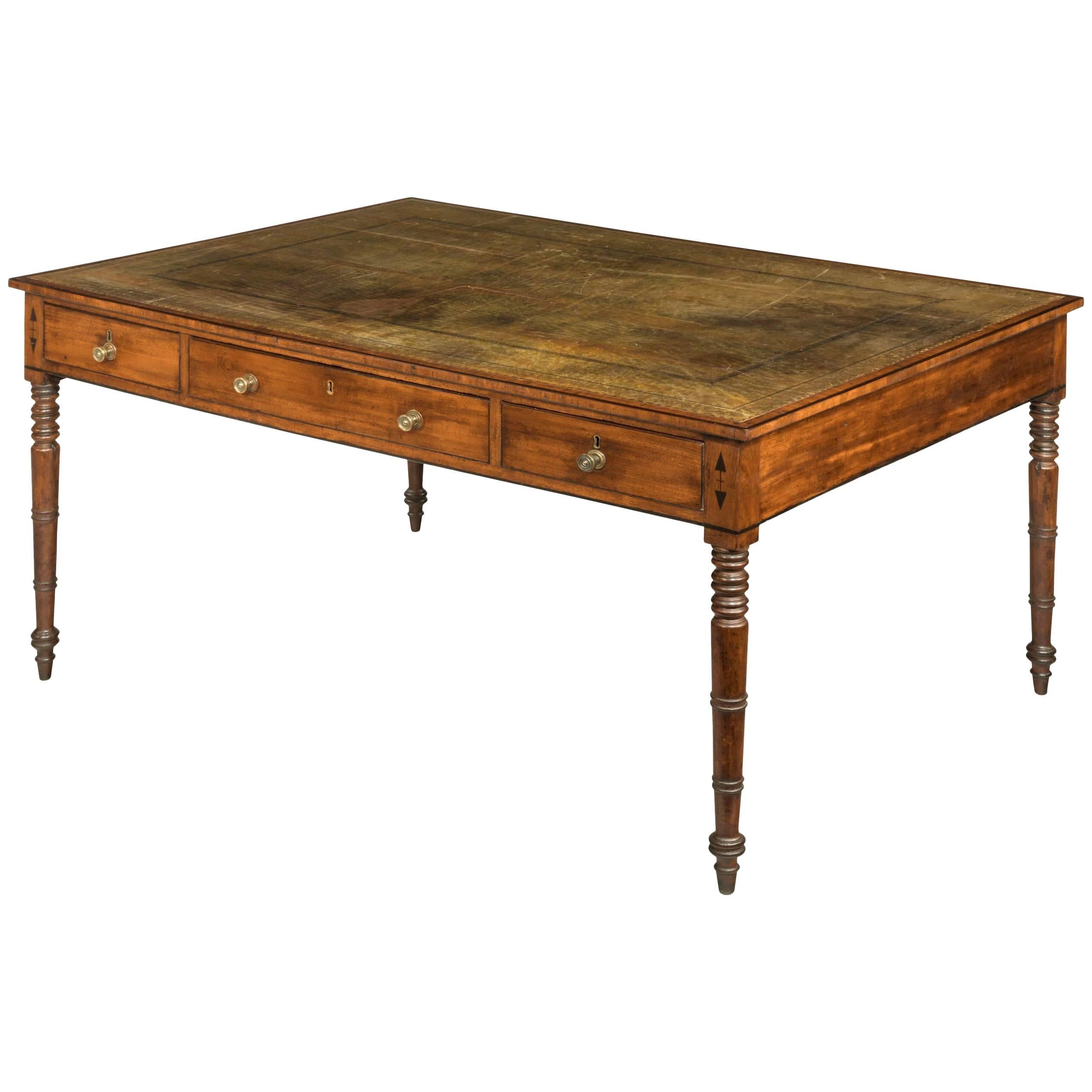 19th Century Mahogany Library Table with Three Drawers to Each Side