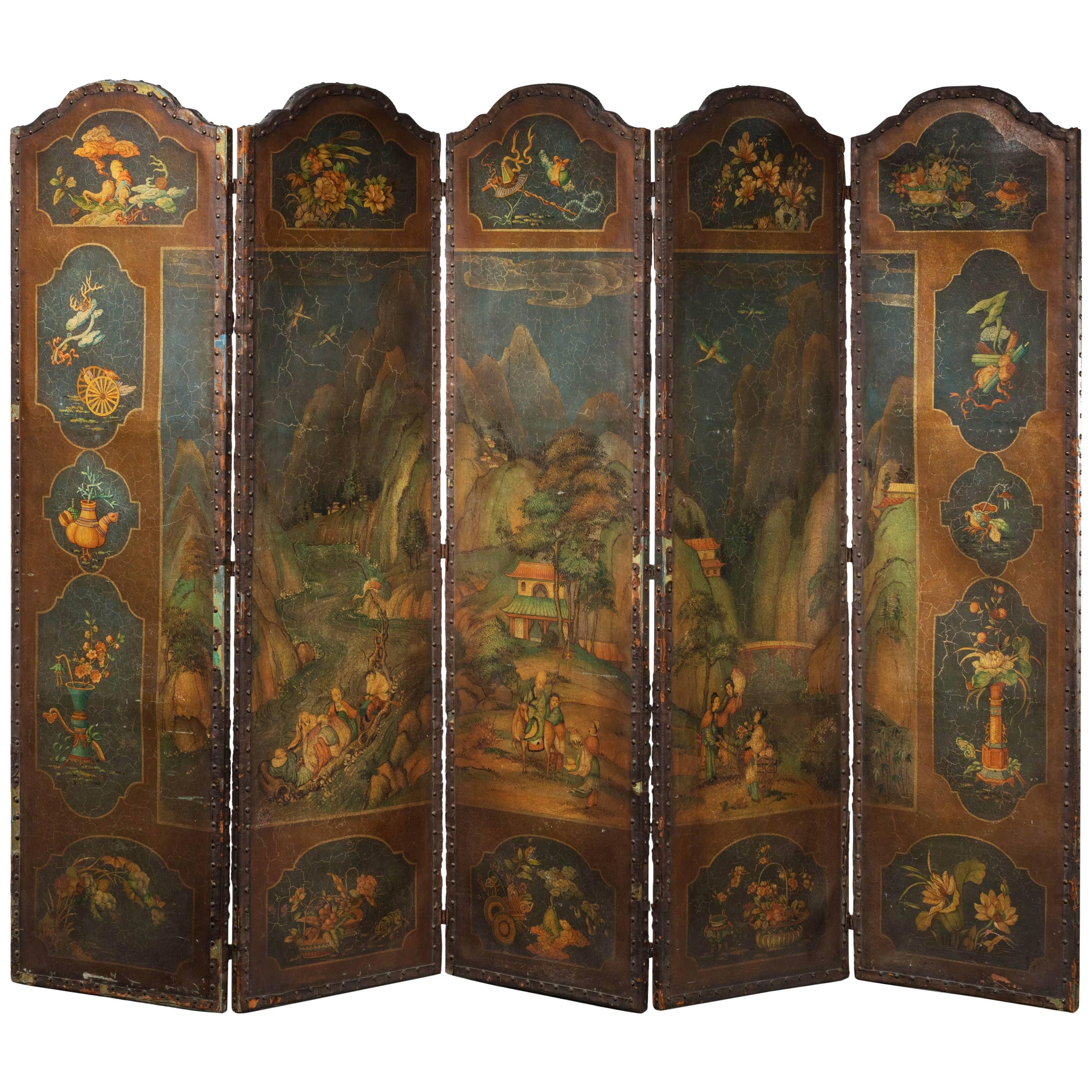 Mid-19th Century Five-Fold Screen on Canvas Ground
