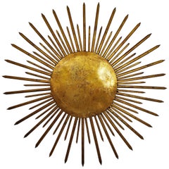 French 1940s Hand-Hammered Iron Gold Leaf Gilt Sunburst Light Fixture