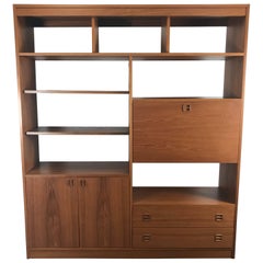 Classic Teak Wood Wall Unit, Drop Down Desk, Denmark