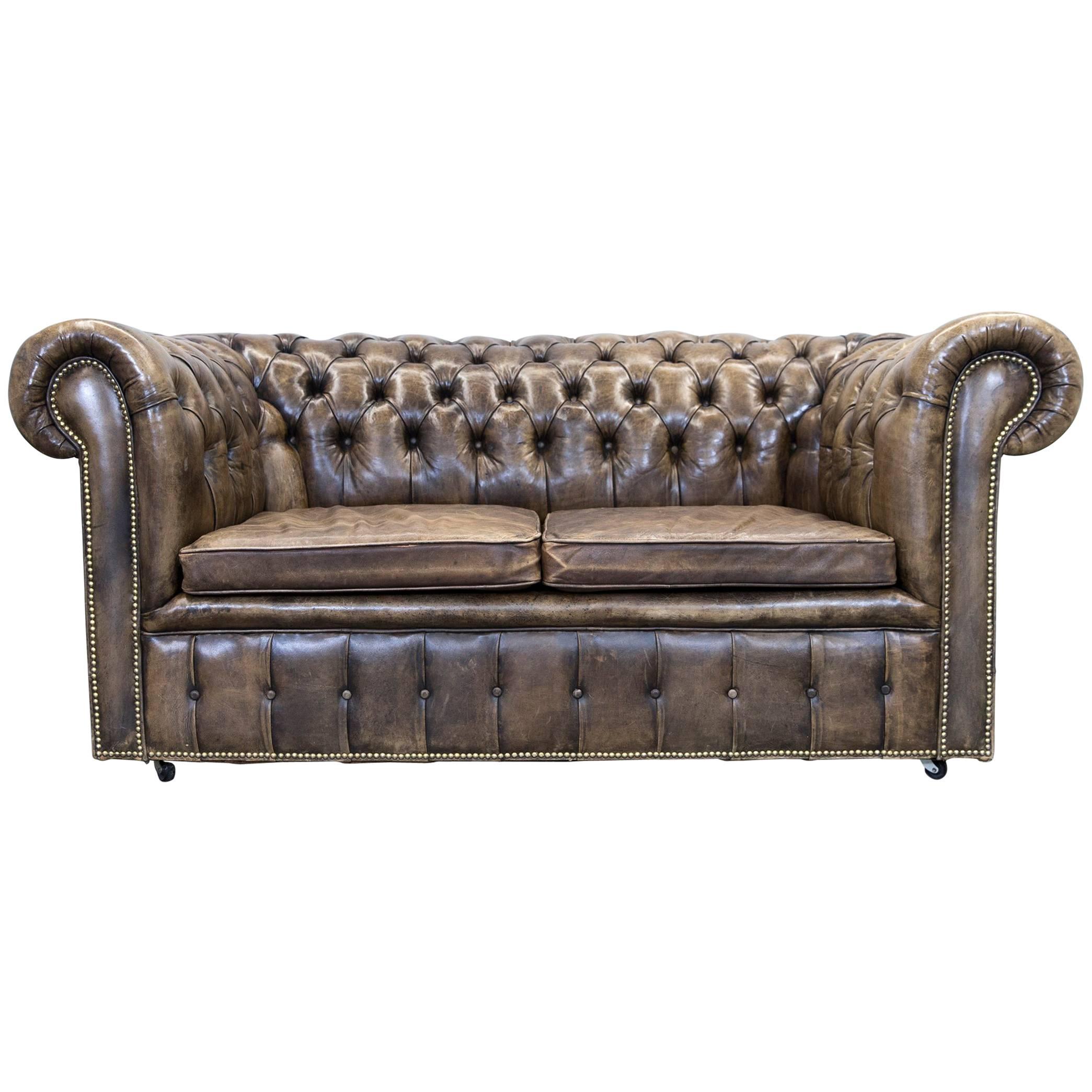 Chesterfield Leather Sofa Brown Two-Seat Couch Vintage Retro