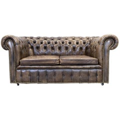 Chesterfield Leather Sofa Brown Two-Seat Couch Vintage Retro