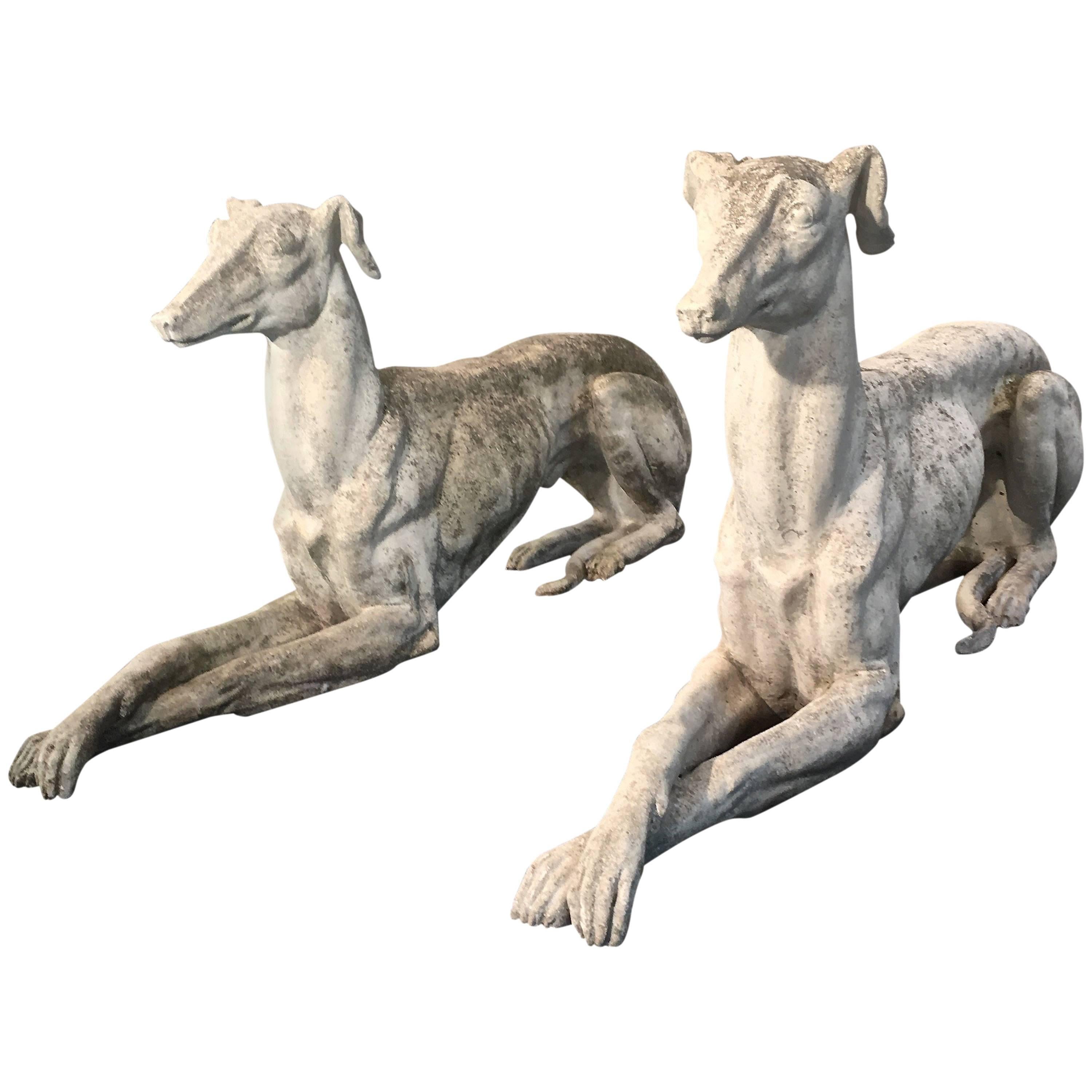 Pair of Life-Sized Cast Marble Greyhounds
