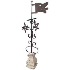 18th Century French Wrought Iron Wolf Head Weathervane in Stone Base