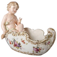 Antique German Meissen School Figural Gilt Porcelain Canoe and Boy Bowl