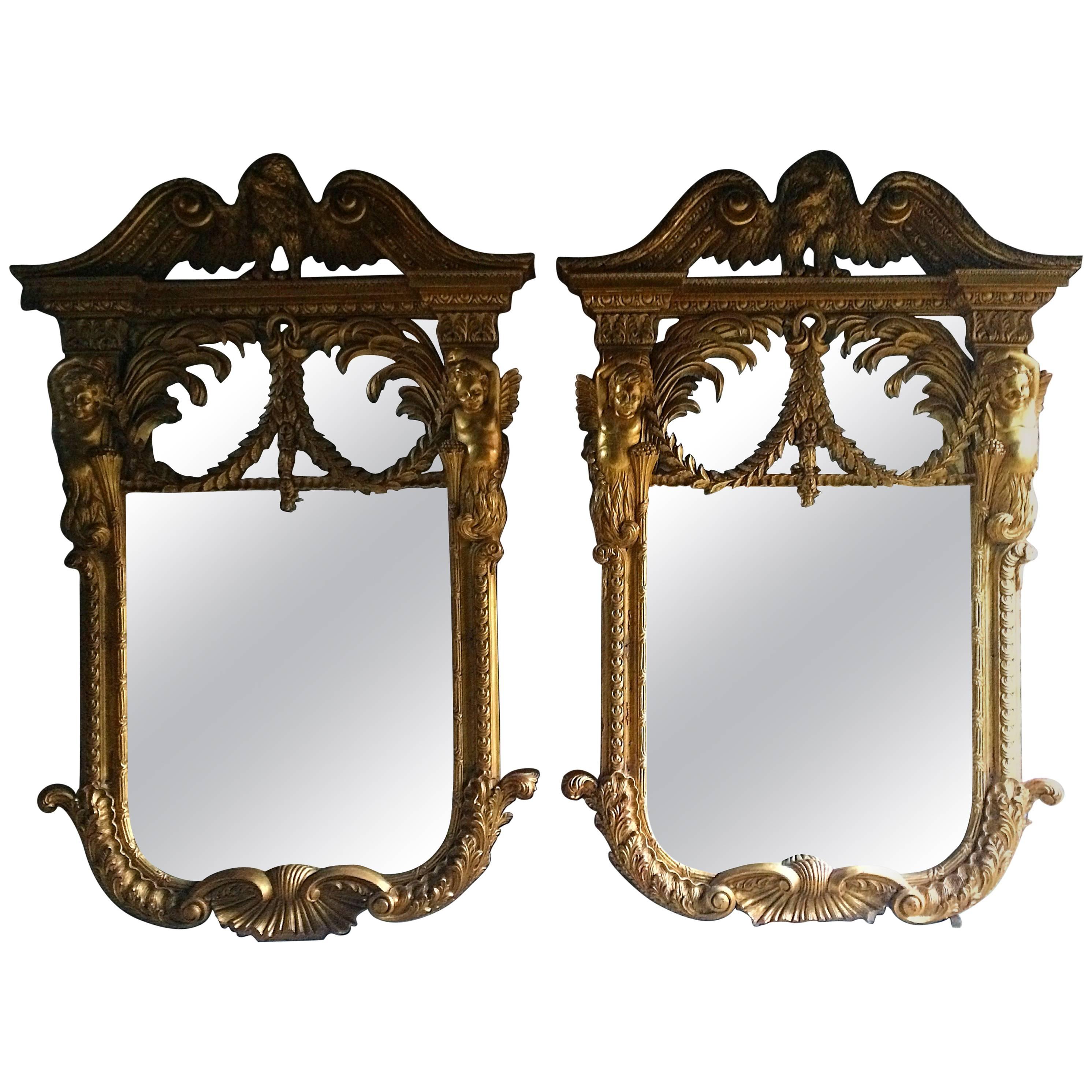 French Giltwood Wall Mirrors Pair of William Kent Design Very Large Rococo For Sale