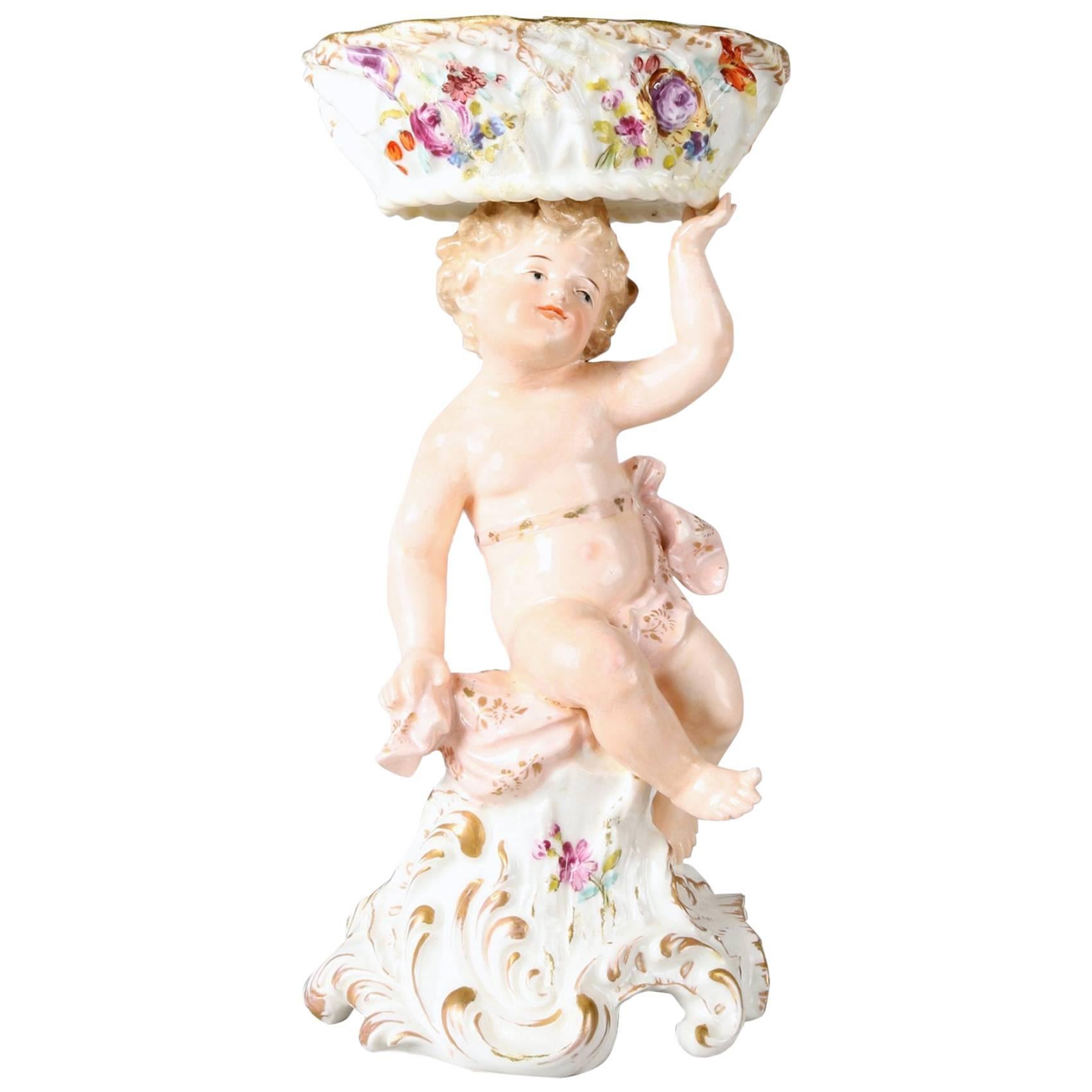 Antique German Meissen School Hand-Painted and Gilt Porcelain Cherub Compote 