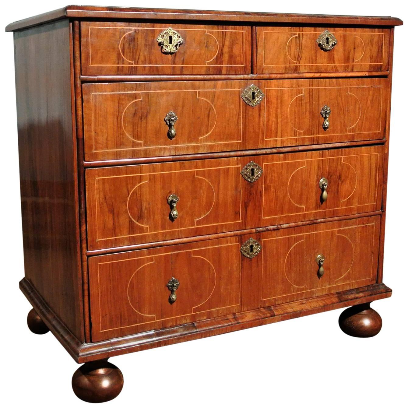 Queen Anne Inlaid Walnut and Oak Chest of Drawers, circa 1700 For Sale