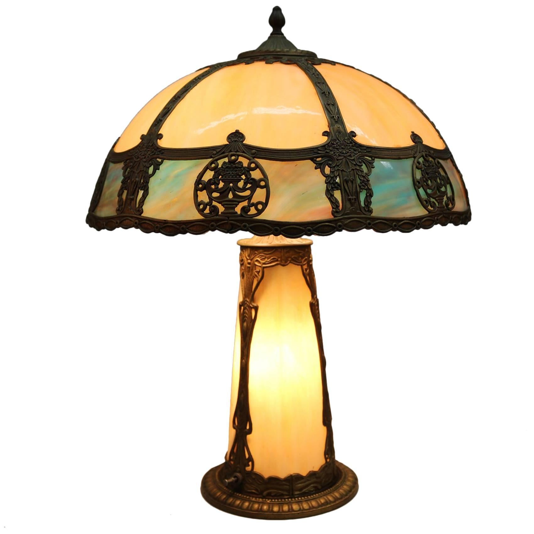 Antique Miller School Arts & Crafts Slag Glass Lamp Filigree Shade, Lighted Base