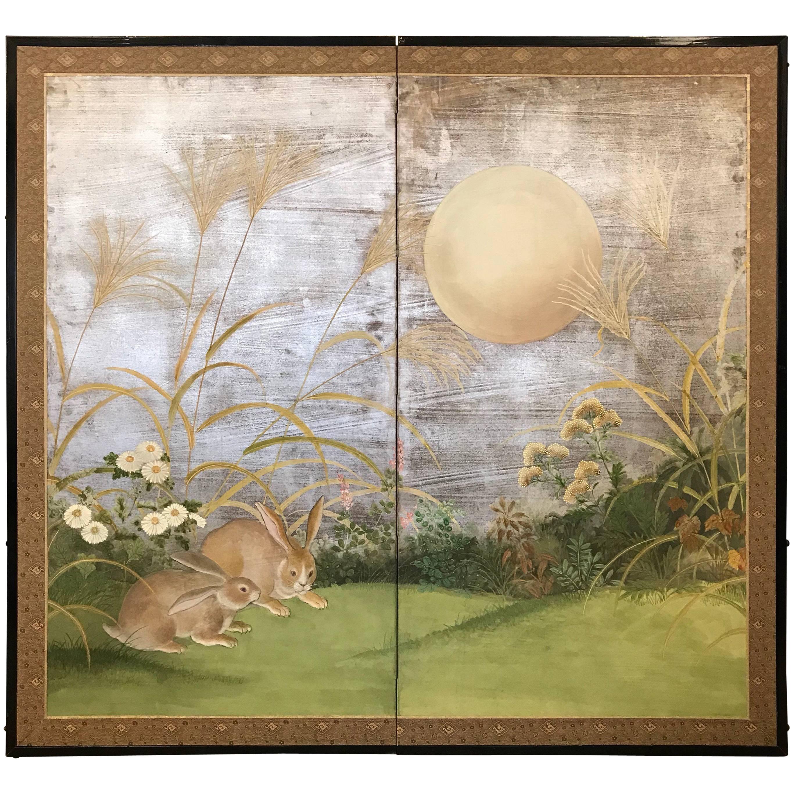 Two Fold Japanese Screen with Rabbits