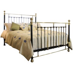 Antique Wide Cast Iron and Brass Bed in Black, MSK41