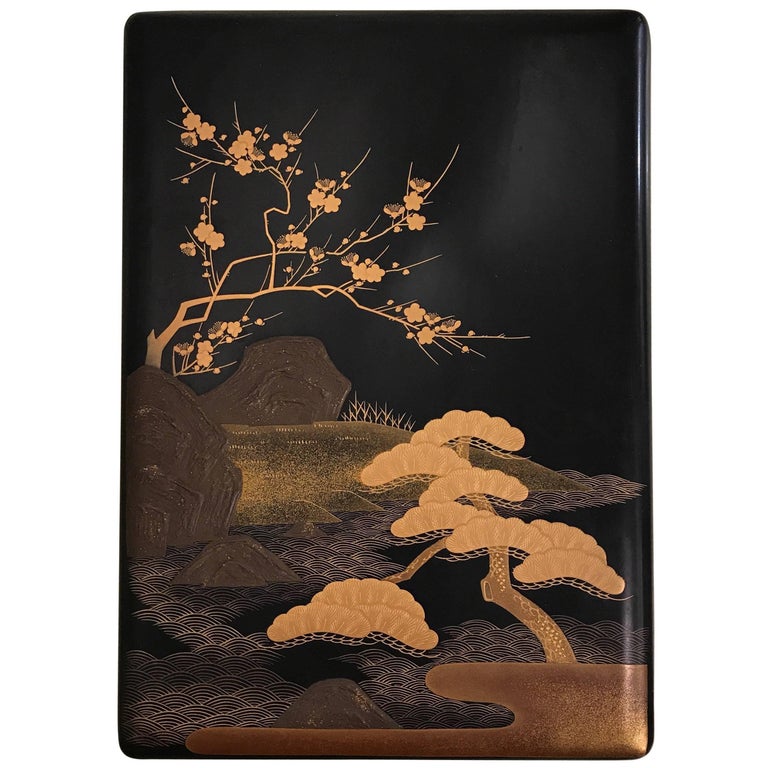 Japanese Lacquer Box with Gold Pine Trees at 1stDibs