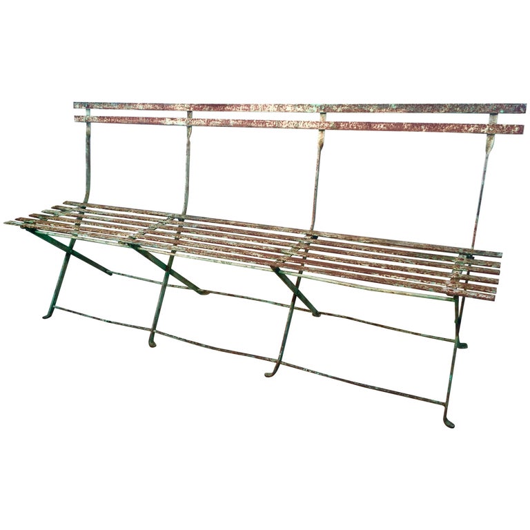 Rare French Folding Wrought Iron Bench In Original Paint For Sale