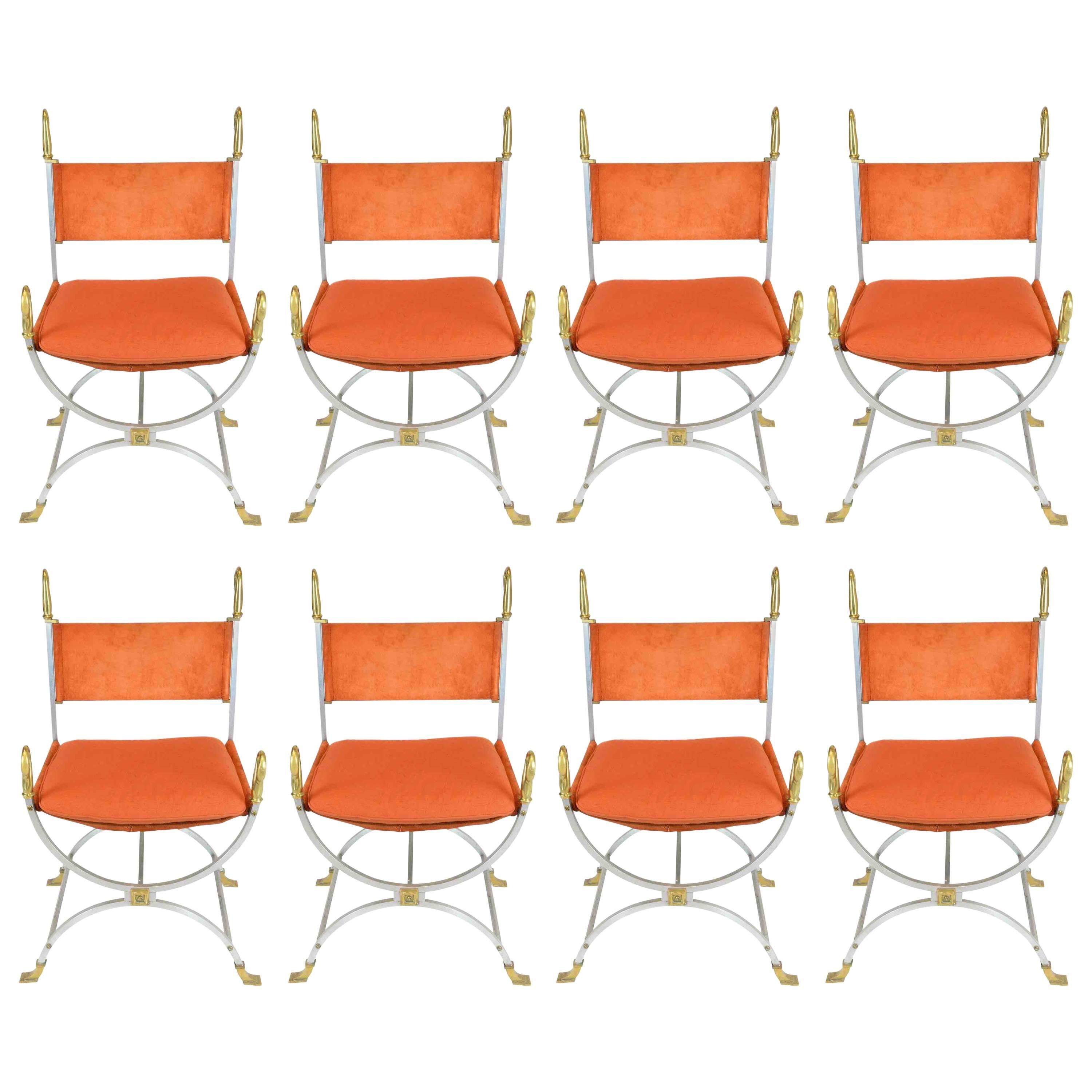 Maison Jansen, Set of Eight Chairs in Orange Suede and Brass with Swan Details For Sale