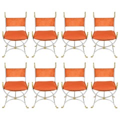 Maison Jansen, Set of Eight Chairs in Orange Suede and Brass with Swan Details