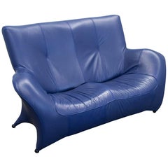 Designer Sofa Leather Blue Two-Seat Couch Modern
