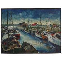 Large Midcentury Acrylic Painting of Waterfront Boating Scene