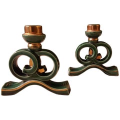 20th Century Pair of French Art Deco Green & Gold Candleholders Made of Ceramic