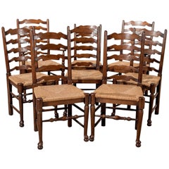 Antique Set of Eight Oak Wavy Line Ladderback Dining Chairs, Edwardian, circa 1910