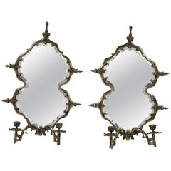 Pair Continental Silvered Metal Girandole Mirror Wall Sconces, Late 19th Century