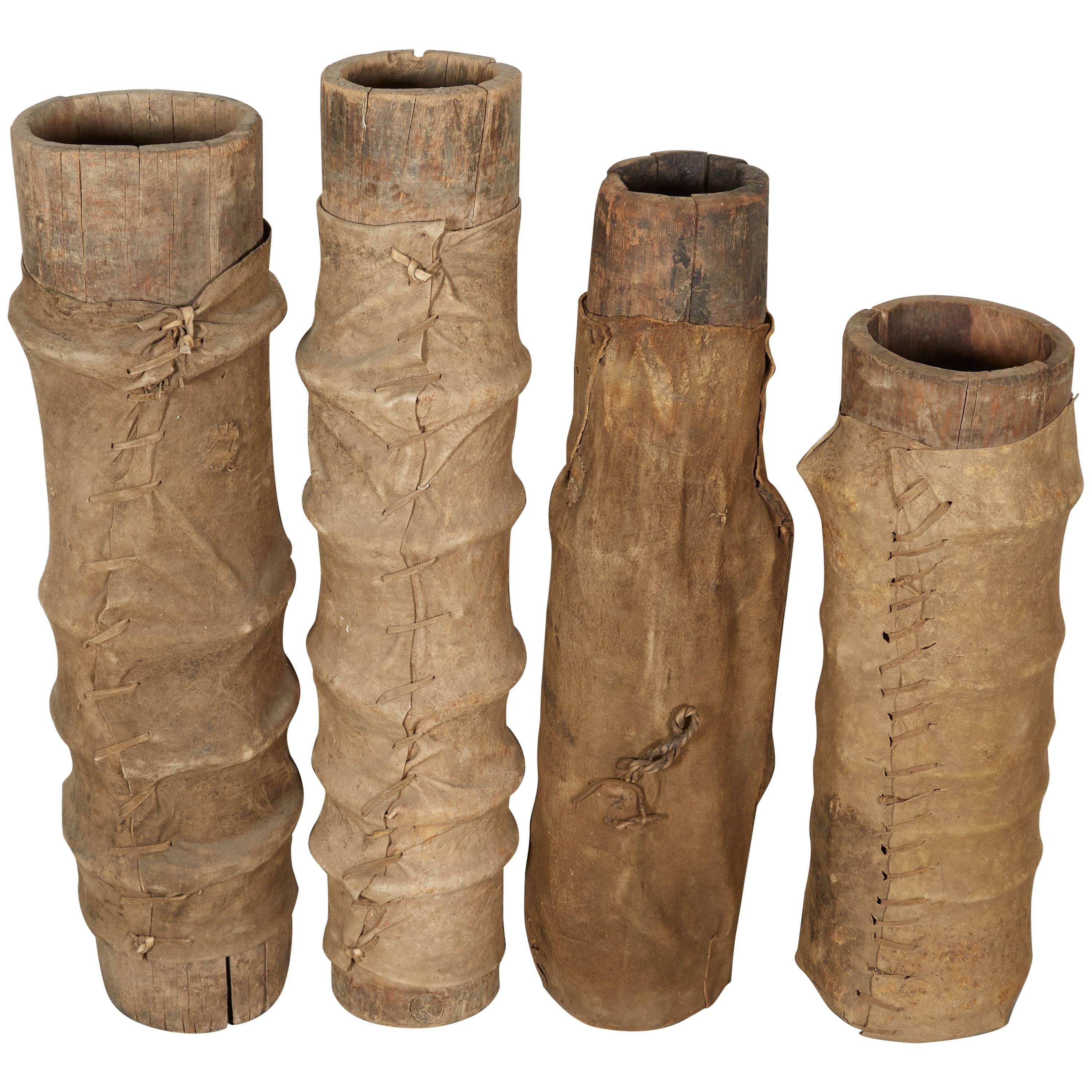 Unusual Leather Covered Yak Butter Churns From Tibet For Sale