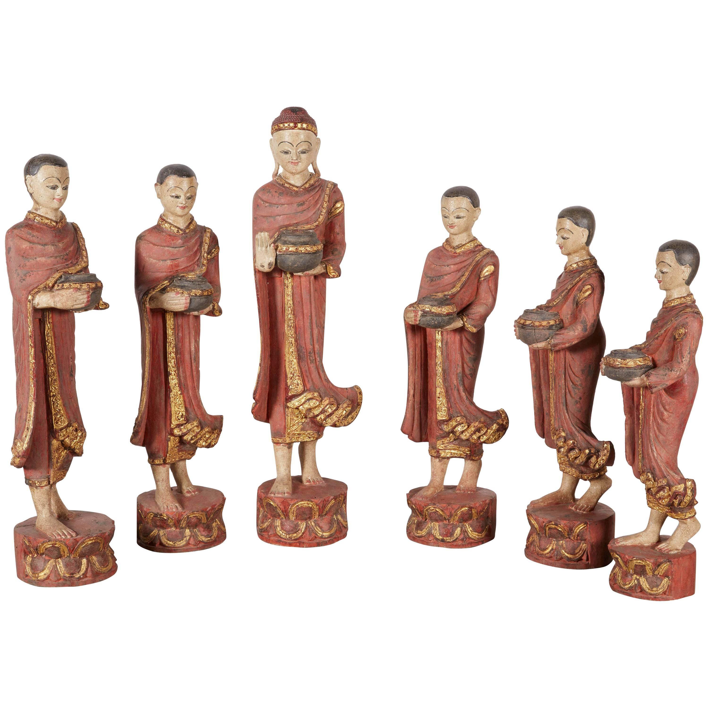 Finely Carved Complete Burmese Buddha and Monk Set