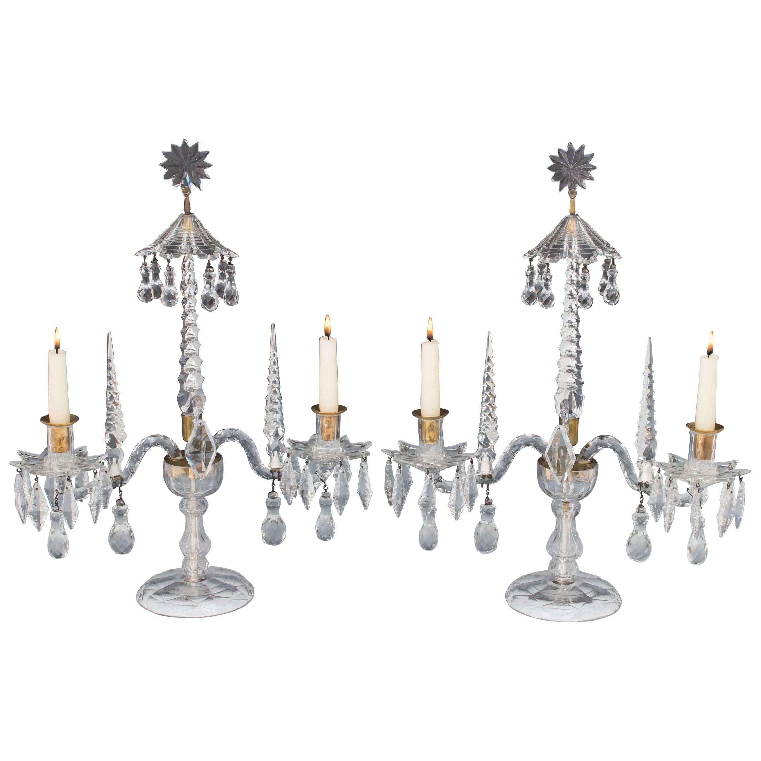 Rare Pair of George II English Cut-Glass Candelabra For Sale