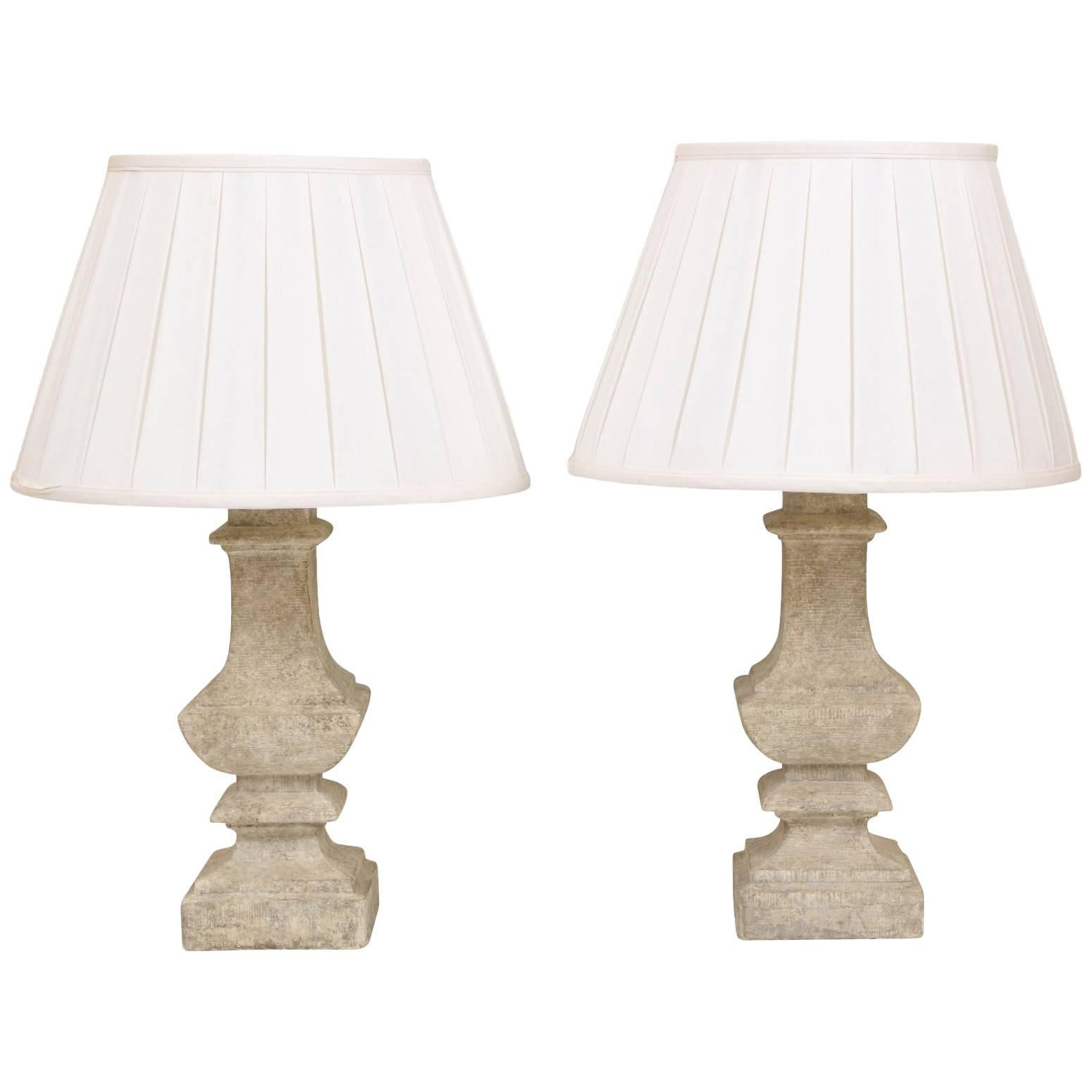 Pair of Carved Stone Baluster Lamps with Silk Shades
