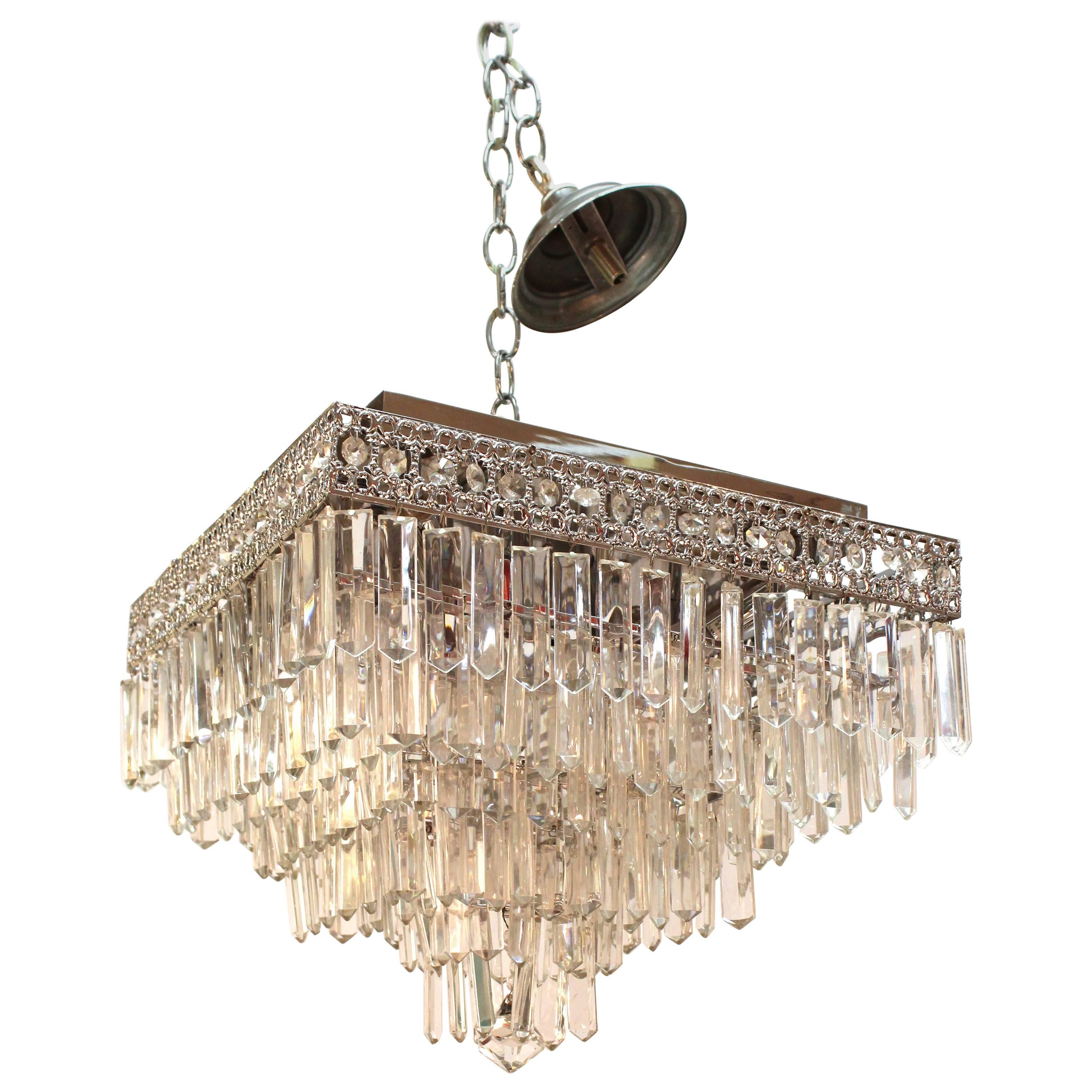 Italian Mid-Century Modern Chrome Chandelier with Murano Crystal Prisms