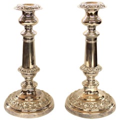 Pair of Antique English Sheffield Plate Geo IV Rococo Round Base Candlesticks