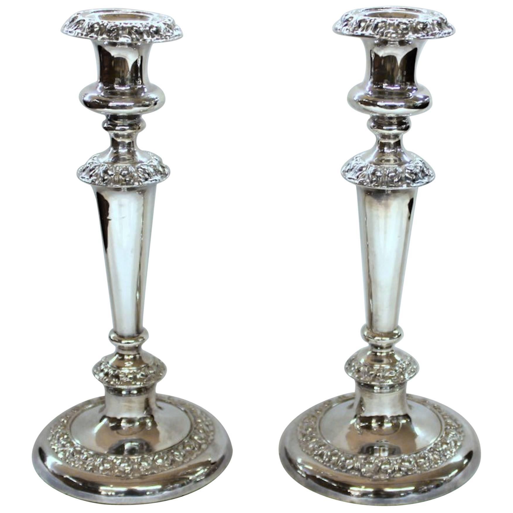 Pair of Antique English George IV Sheffield Plate Rococo Round Base Candlesticks