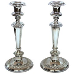 Pair of Antique English George IV Sheffield Plate Rococo Round Base Candlesticks