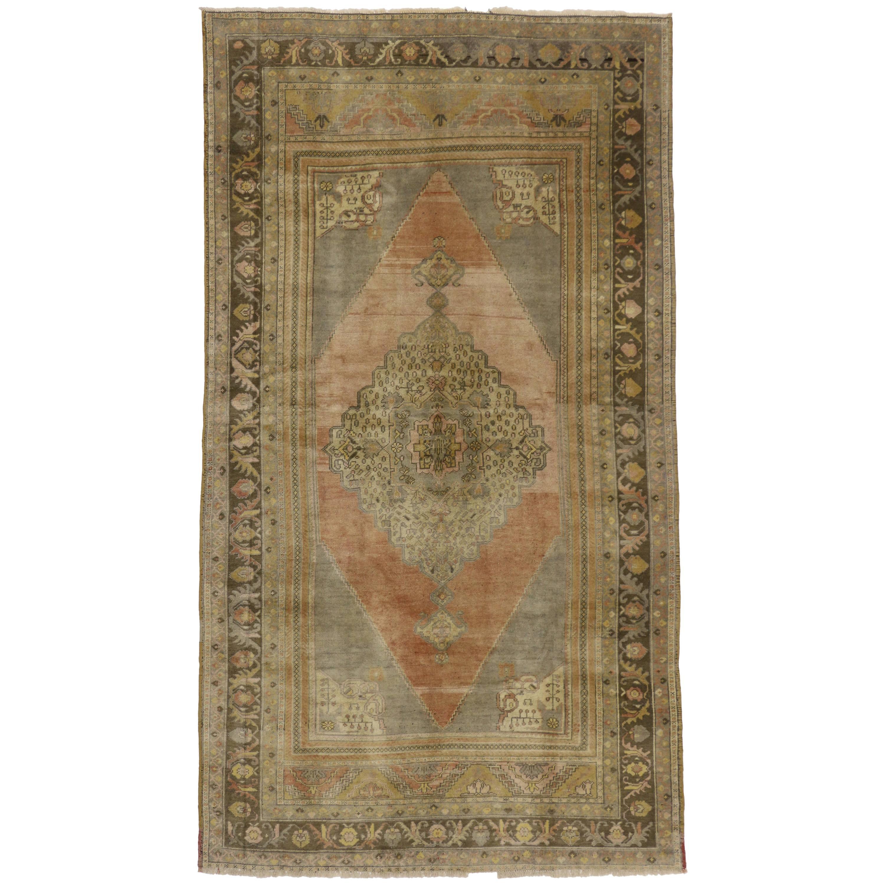 Vintage Turkish Oushak Carpet Gallery Rug, Wide Oushak Runner with Muted Colors
