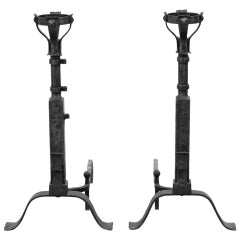 Pair of Antique Wrought Iron Andirons with Basket Tops