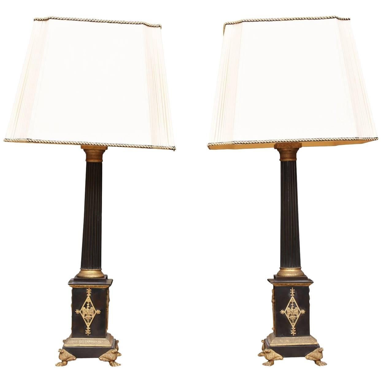 Pair Of French Ebonized And Bronze Mounted Classical Column Form Lamps