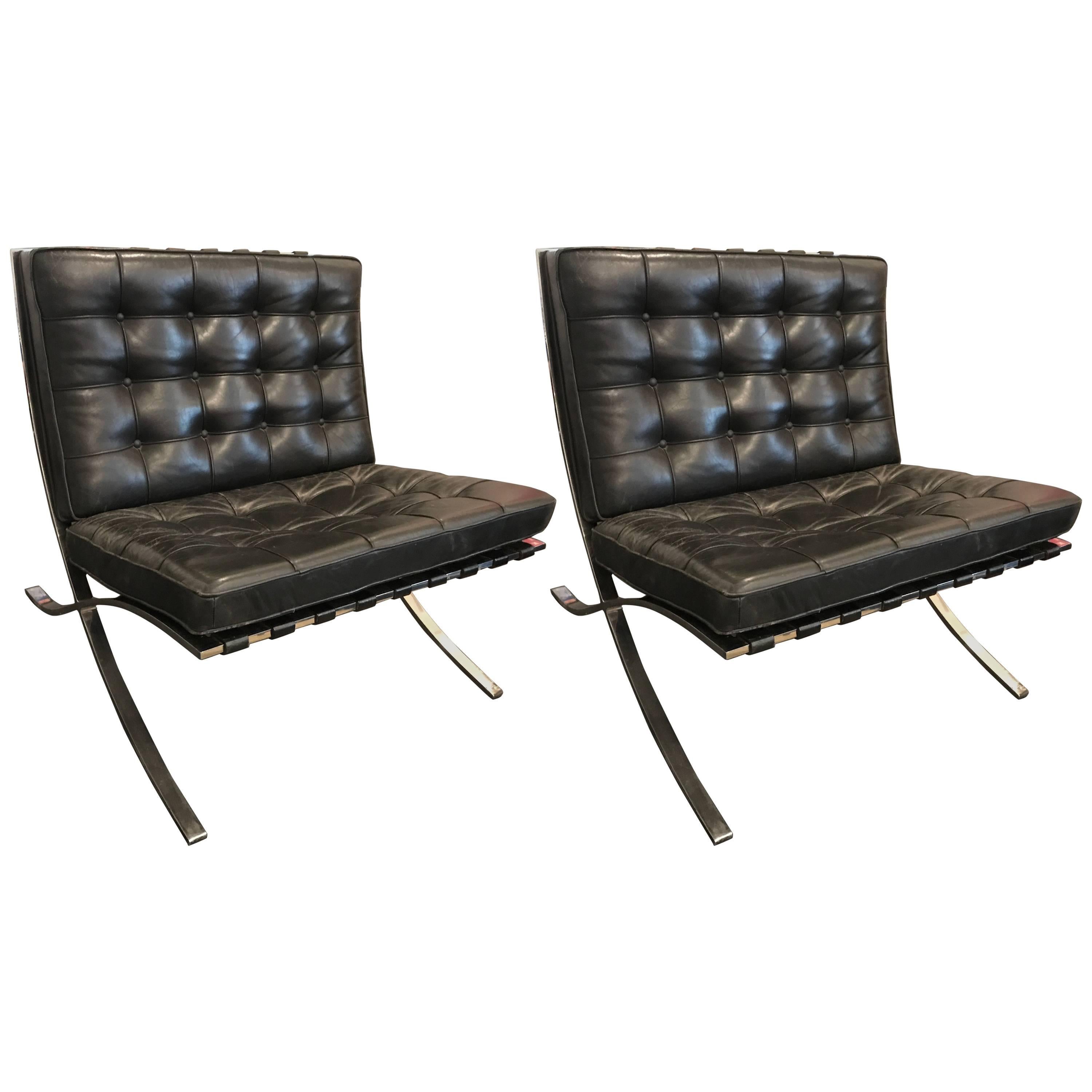 Ludwig Mies van der Rohe Pair of Barcelona Chairs, Knoll, Black Leather