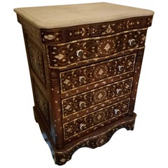 Syrian Mother-of-Pearl Walnut Wood Chest of Drawers, Chocolate Brown