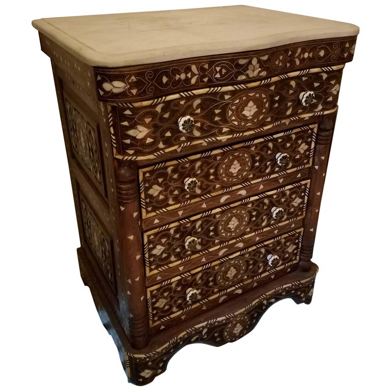 Syrian MotherofPearl Walnut Wood Chest of Drawers, Chocolate Brown at