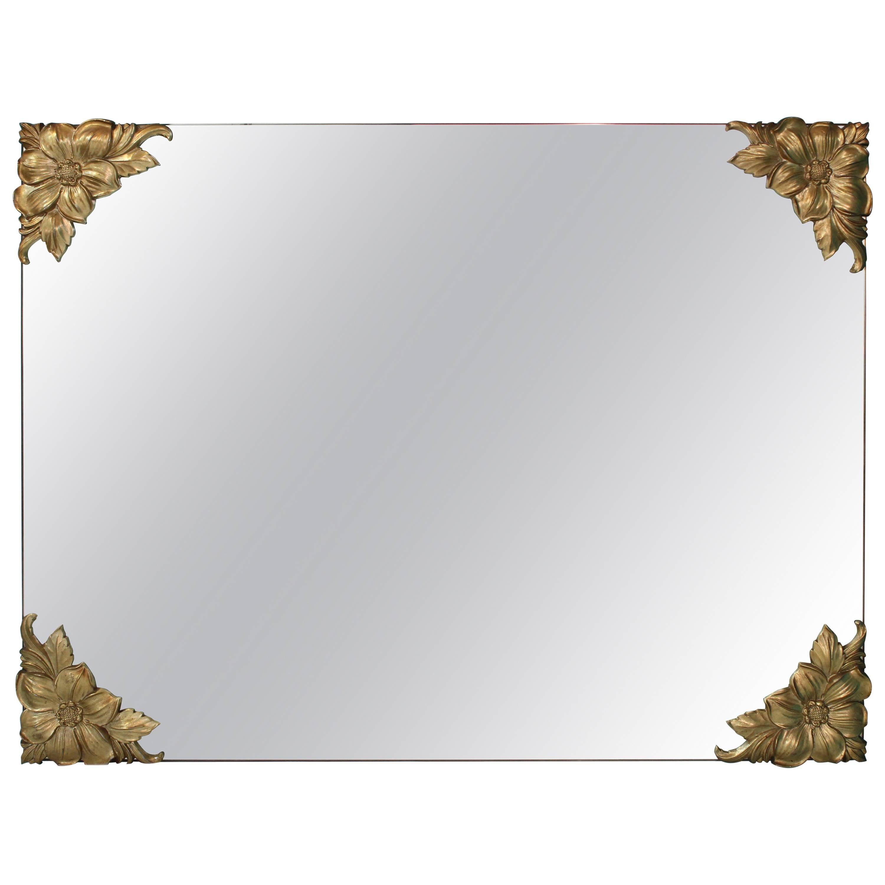 Hollywood Regency Mirror with Brass Floral Decorated Corners