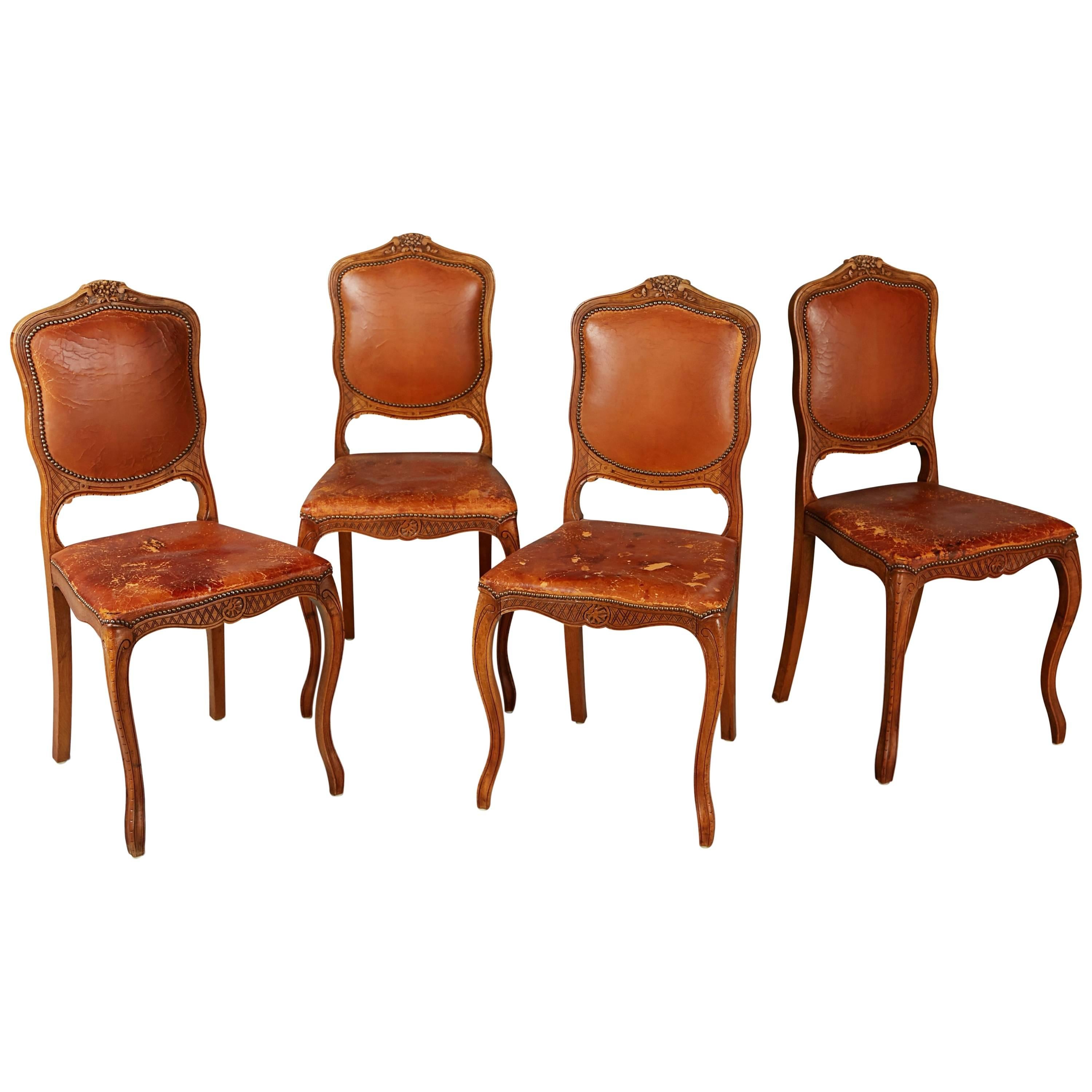 French Art Deco Distressed Leather Dining Side Chairs, Set of Four
