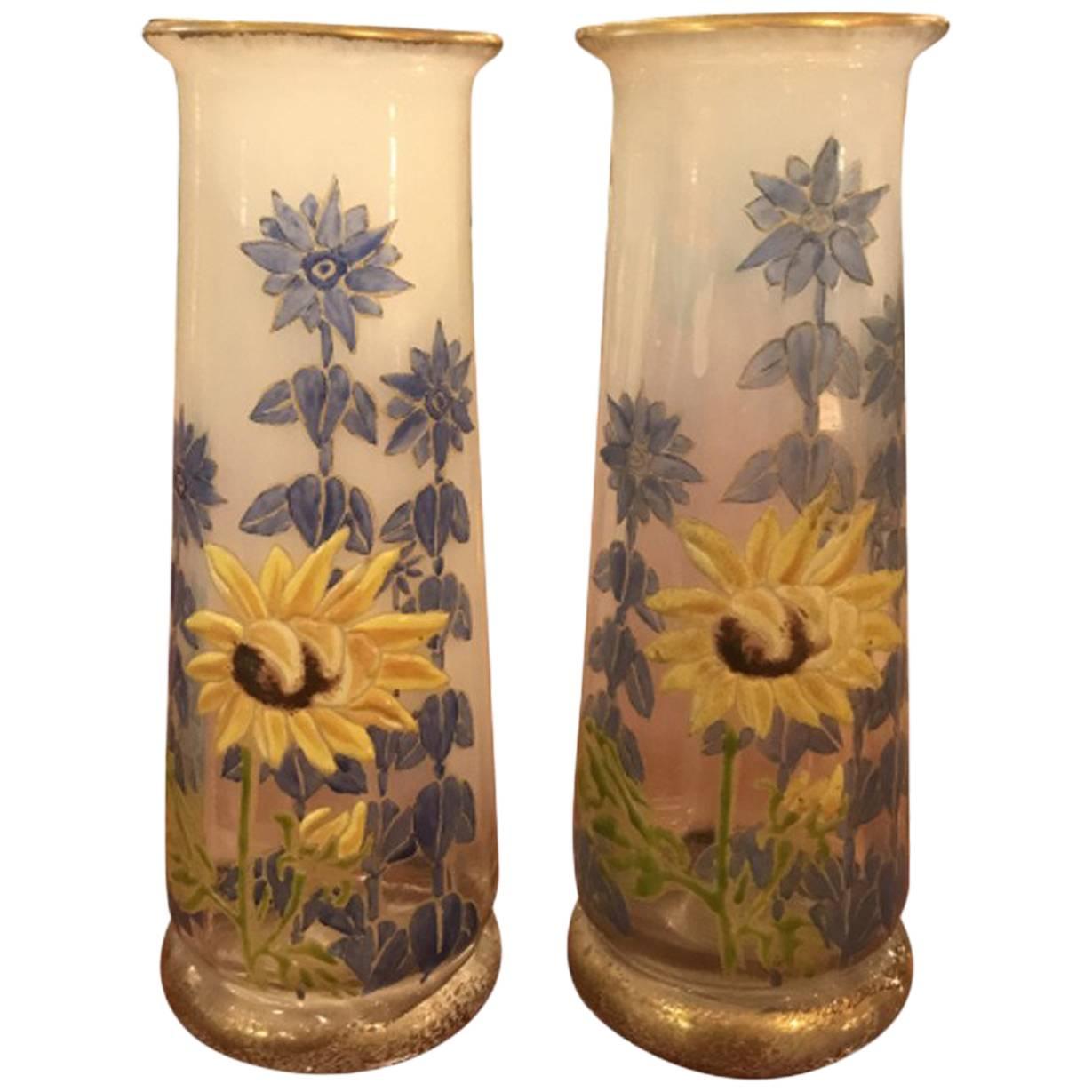 Pair of Antique French Enameled Opaline Glass Vases