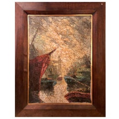 Abstract Oil on Canvas Painting of Boats on a Canal Signed