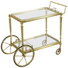 Mid-20th Century French Solid Brass Bar Cart with Two Removable Glass Trays