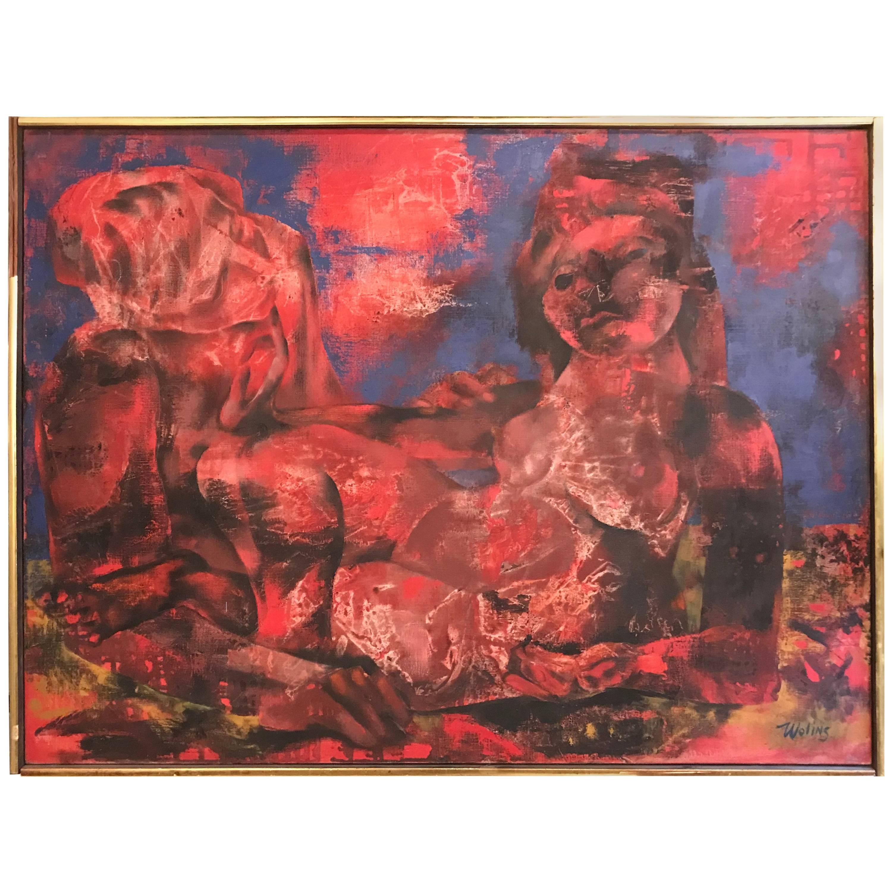 Joseph Wolins Painting Titled Two Figures ii American Red and Blue Colors