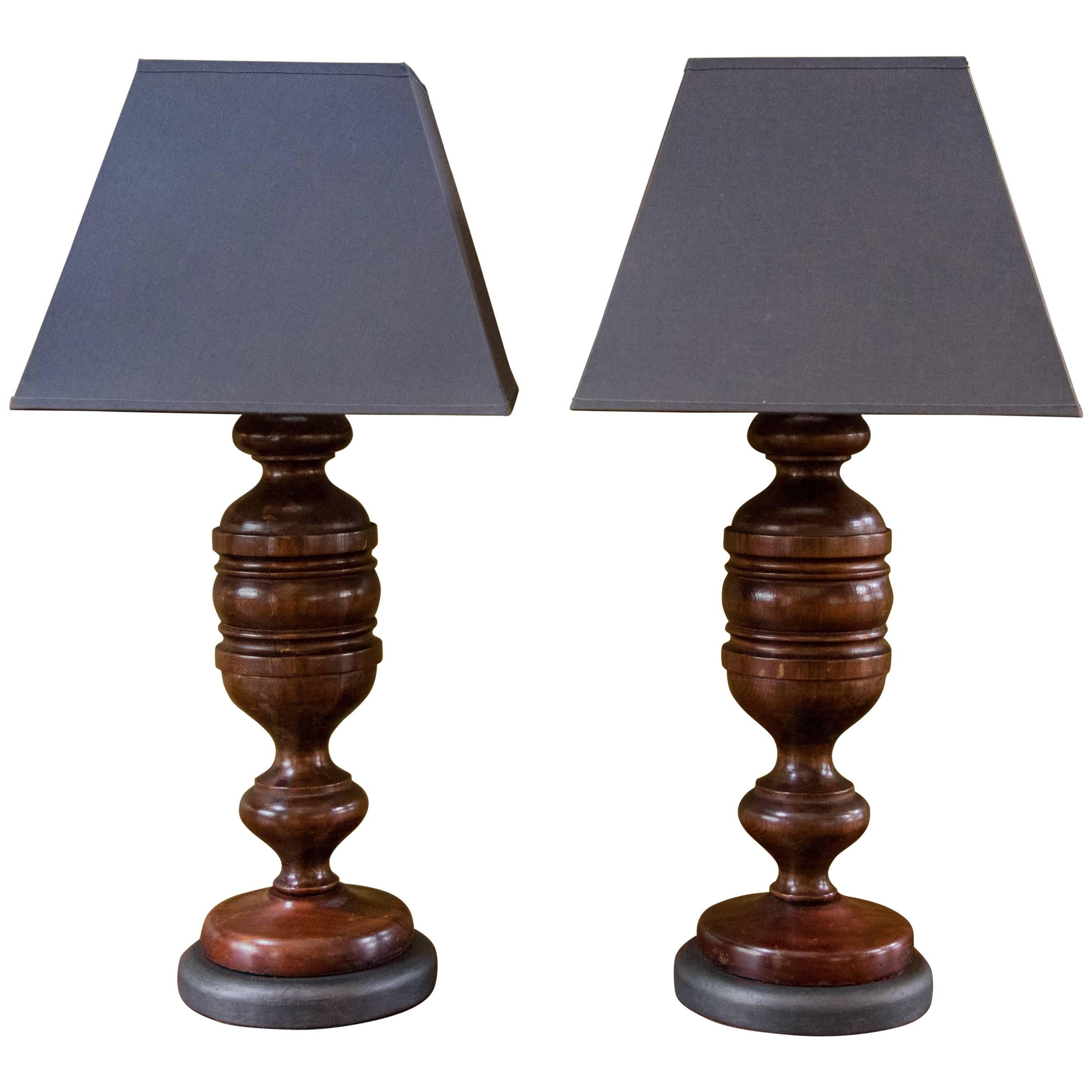 Pair Carved Mahogany Table Lamps with Custom Belgian Linen Shades, Circa 1920