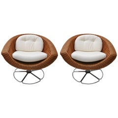 Pair of Bohemian Swivel Chairs in Woven Wicker and Polished Chrome