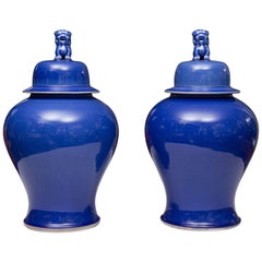 Pair of Large Blue Lidded Urns