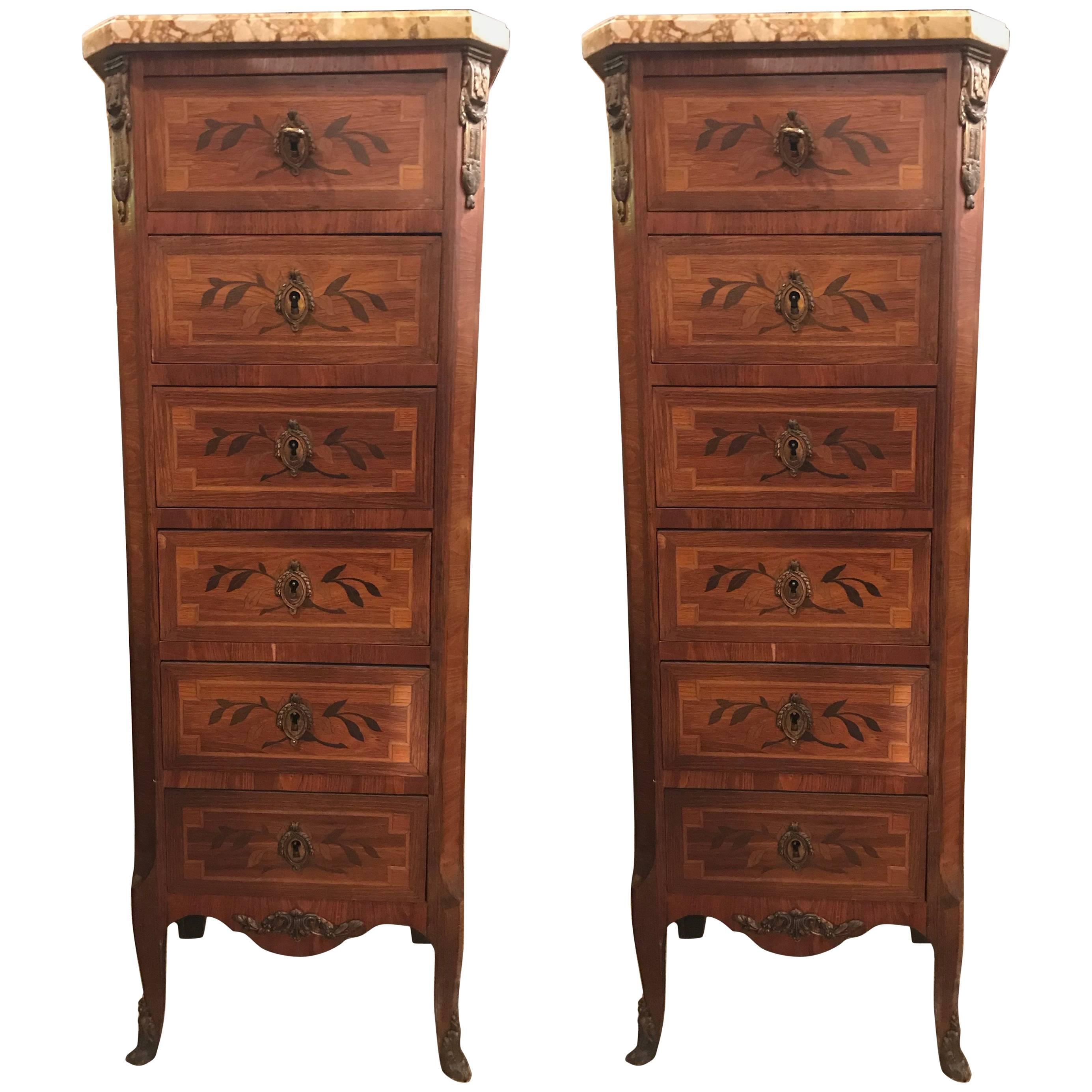 Pair of 19th Century Tall Lingerie Louis XV Style Chests or Pedestals Chests
