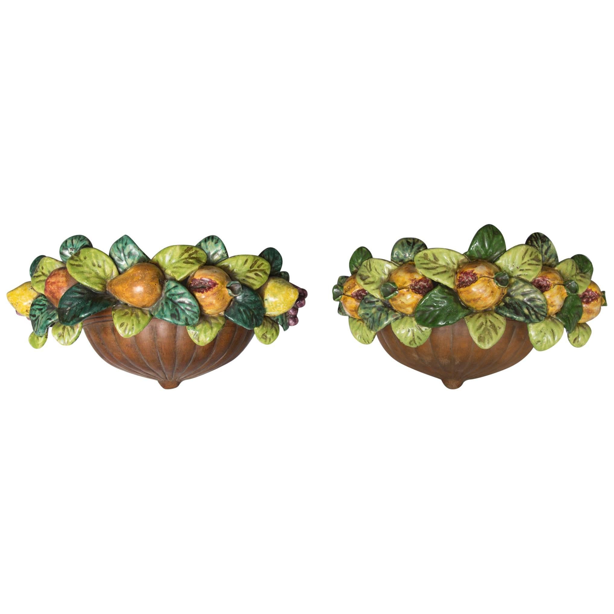 Pair of Italian Terracotta Wall Pockets with  Glazed Fruit Decoration 